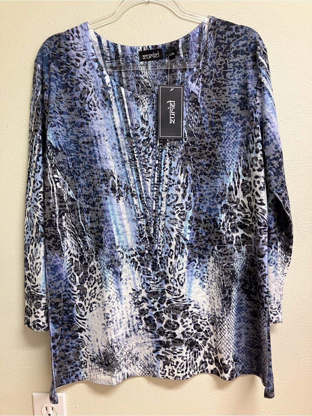Blue Animal-Print Long Sleeve V-Neck Top